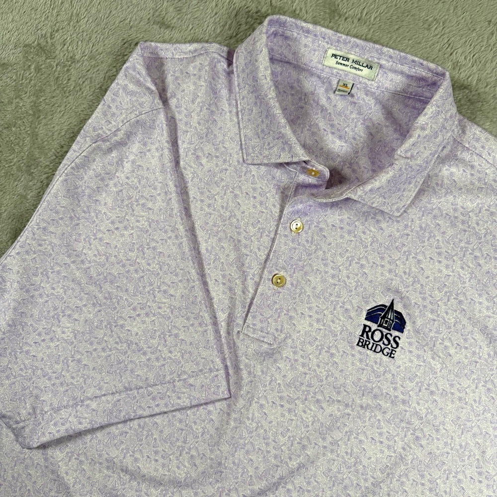 Peter Millar Summer Comfort Men's XL Purple/White Print Stretch Golf Polo Logo